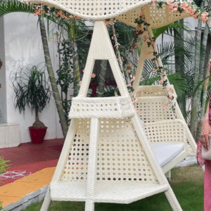 Outdoor garden saving double seater with stand bunai PVC Ratan Wicker frame iron